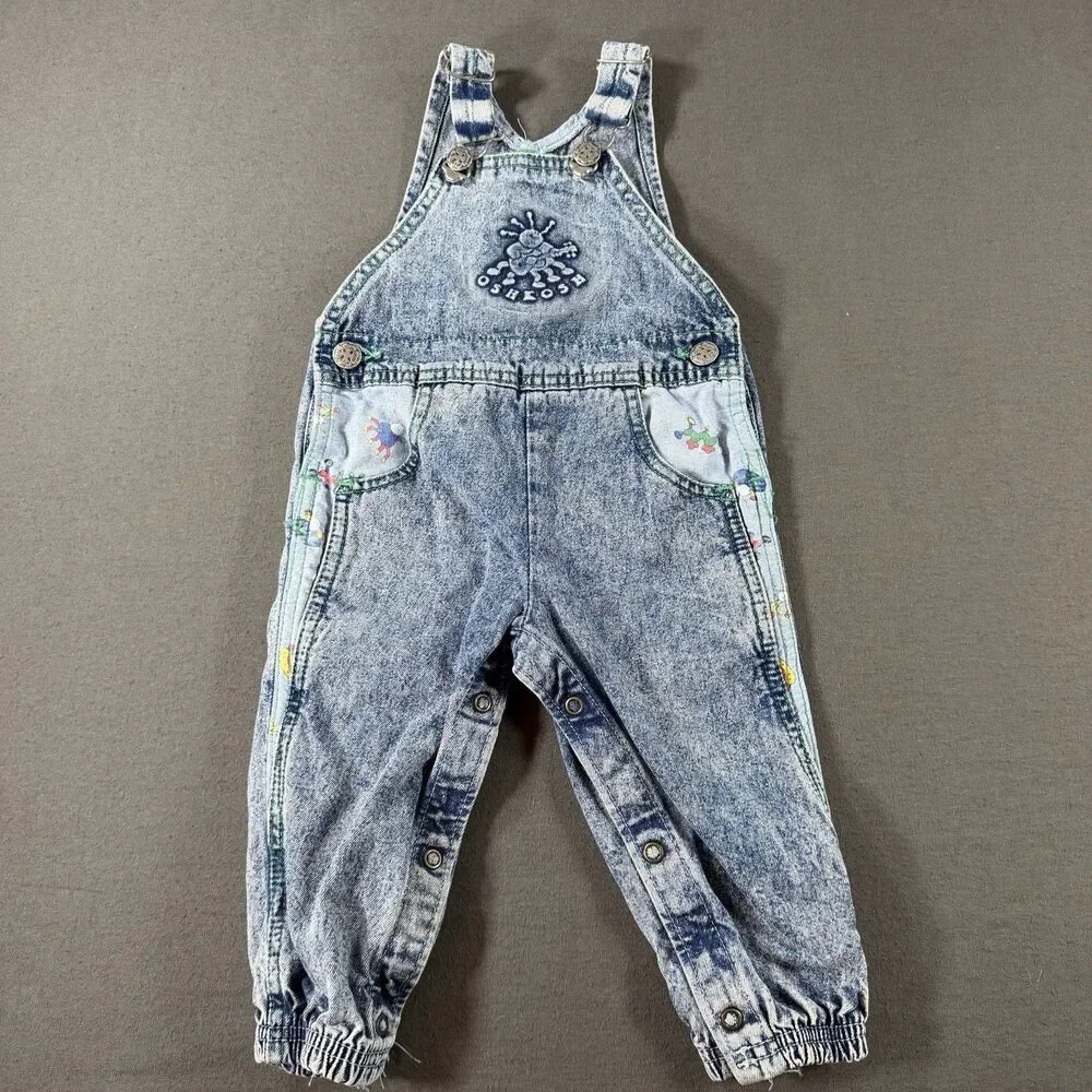 Vintage OshKosh B'Gosh Denim Overalls Sz 18 Months USA Made Acid Wash 3D Bugs